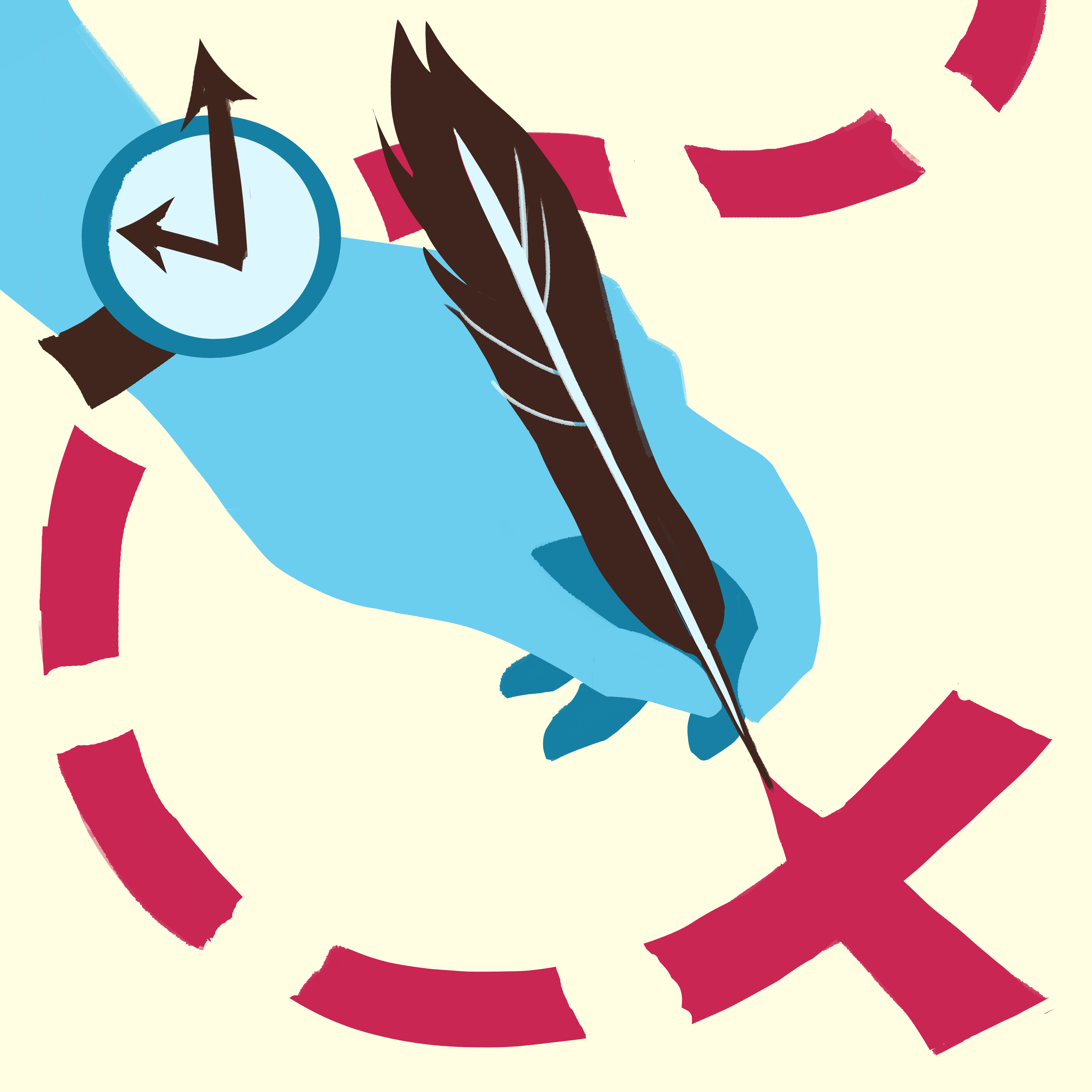 AS logo of a blue hand holding a feather quill, drawing a large red X. A broken up line lead to the X, like a treasure map. The hand is also wearing a wacky watch.